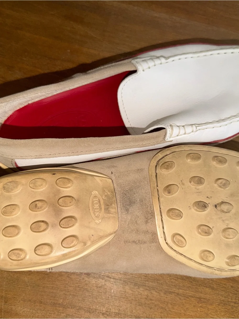Tod's White Leather Driving Loafers with Red Insoles